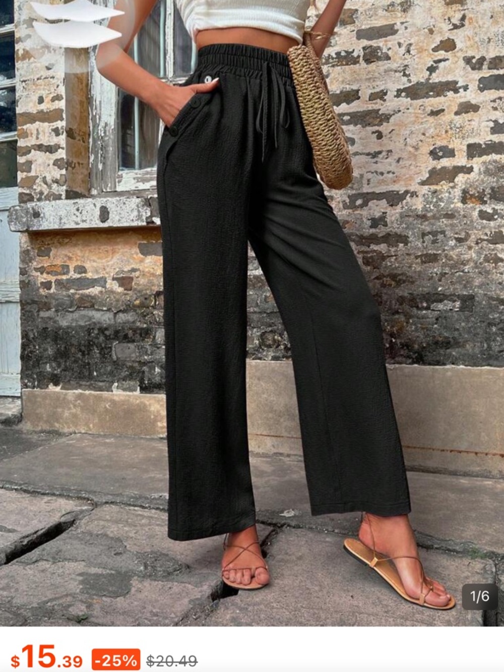 Wide-Leg Black Elastic Waist Pants